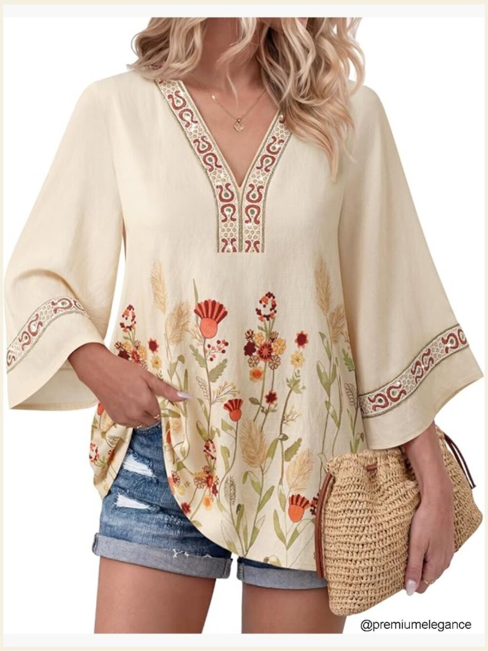 Boho Embroidered V Neck 3/4 Bell Sleeve Tunic Top